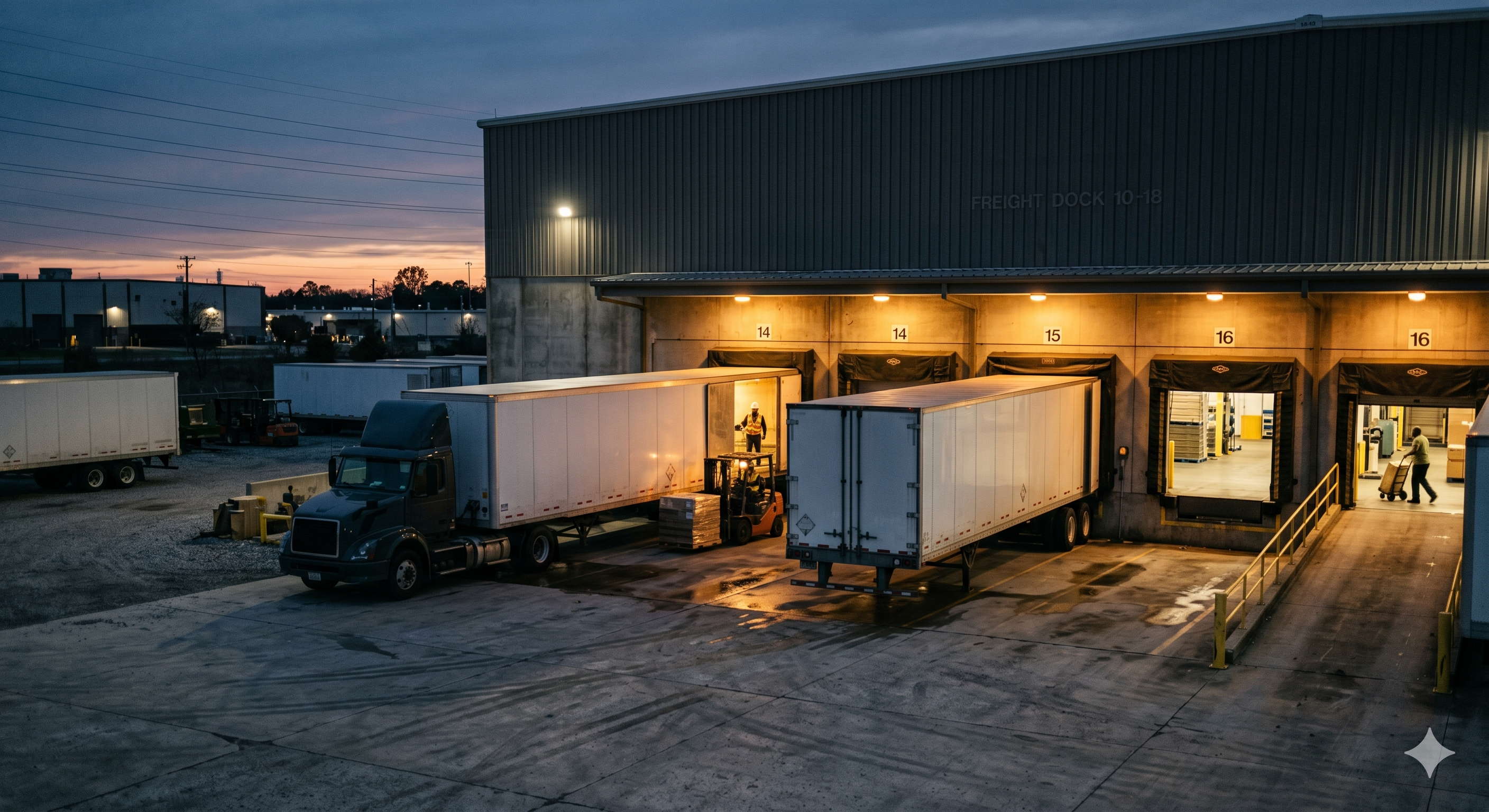 Semi-trucks backed up to loading dock bays at dusk, freight being loaded for LTL and FTL shipments