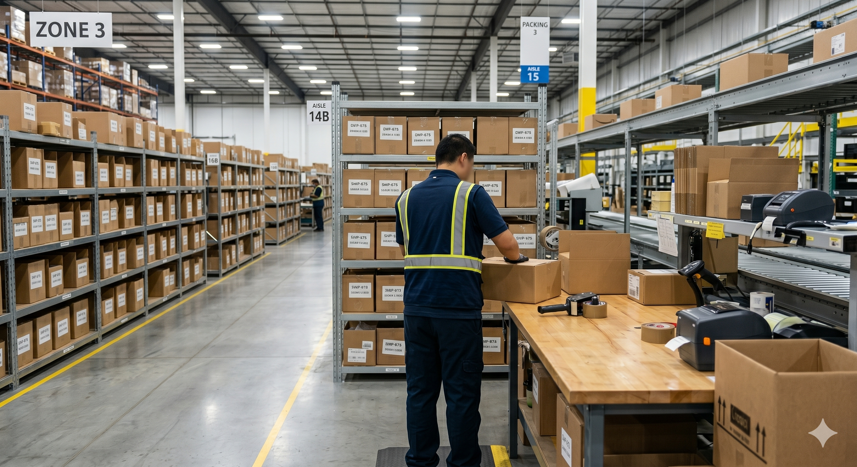 Fulfillment center worker packing orders at a station surrounded by shelved inventory boxes