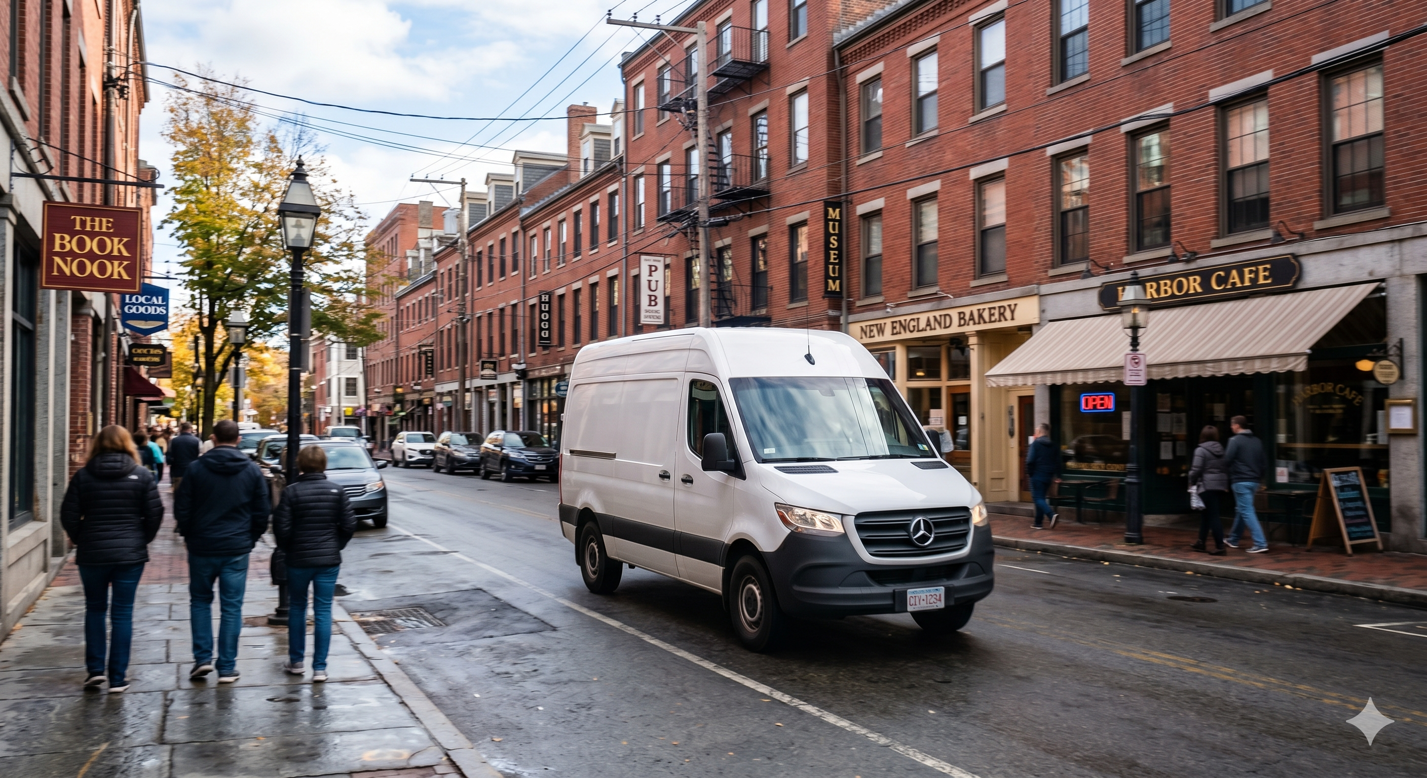Optima cargo van navigating a Greater Northeast urban street lined with brick buildings and autumn foliage