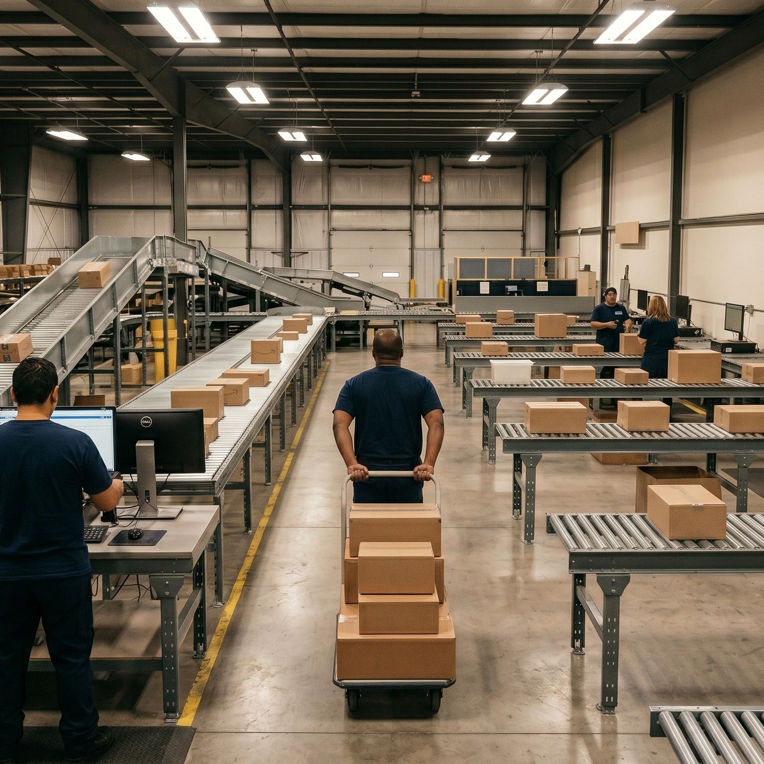 Workers sorting packages on conveyor belts inside an Optima Overnight warehouse