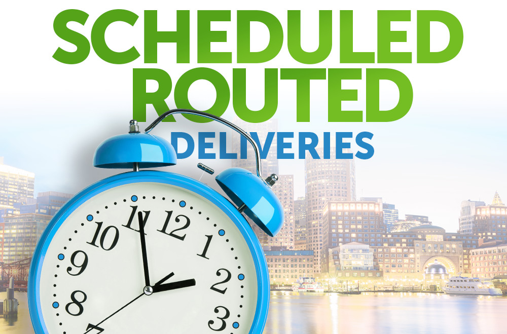 Scheduled Routed Deliveries showing clock and city